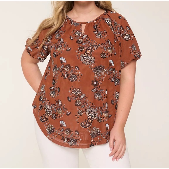 NEW Lane Bryant Women’s Brown Floral Bubble Sleeve Notch Neck Blouse (Size 18/20 - Picture 5 of 9
